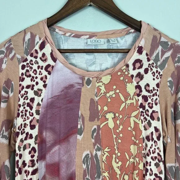 LOGO Lori Goldstein Tunic Top Womens Small Mixed Print Twisted Neck 3/4 Sleeve S - Picture 3 of 11